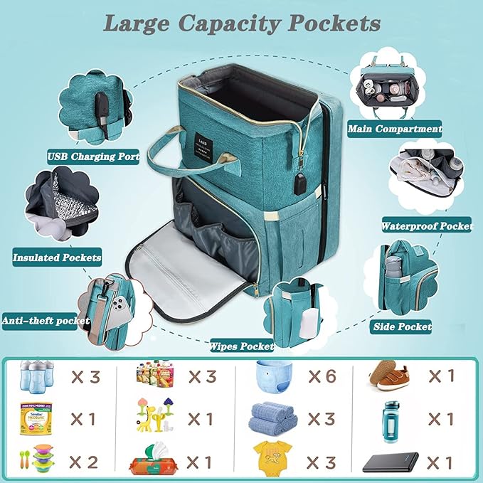 Baby Diaper Bags with Changing Station,900D Oxford Waterproof Diaper Bag Backpack for Moms Dads with USB Charging Port,Large Capacity Baby Essentials(Ungrade-Green)