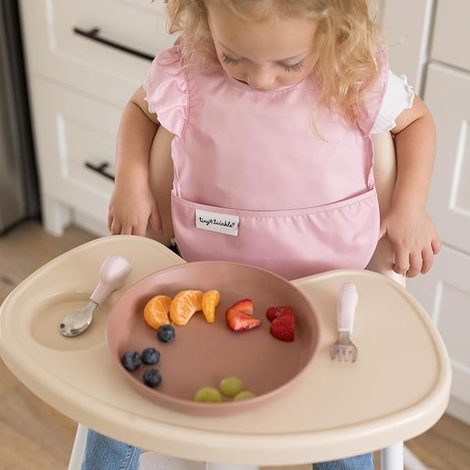 Tiny Twinkle Mess-Proof Baby Bibs for Eating | Waterproof, Wipeable Toddler Bibs with Catch-All Pocket | Feeding Bibs for Girls & Boys(3 Pack,Toile,Bows)