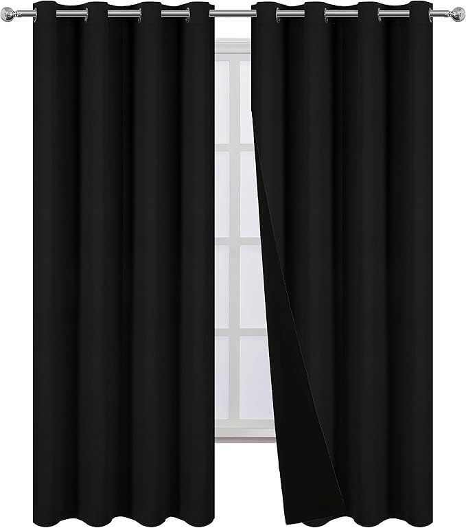 LEMOMO 100% Blackout Curtains 66 x 84 Inch Black Curtains 2 Panels Darkening Thermal Insulated Bedroom Curtains