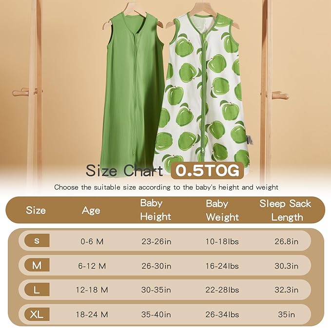 TILLYOU 2 Pack Baby Sleep Sack 18-24 Months 100% Cotton Wearable Blanket 0.5 TOG Sleeveless Summer Sleep Sacks with 2-Way Zipper, Green Apple & Fruit Green