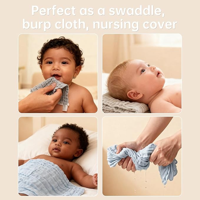 Bear Rocket Organic Muslin Baby Washcloths 6 Pack Baby Bath Face Towel 12x12 Inch Extra Absorbent and Soft Burp Cloth and Wash Cloths for Newborn-Infants On Sensitive Skin (Blue Brown Grey)