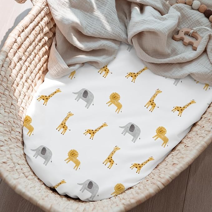 Baby Bassinet Sheets - 3 Pack Breathable Cradle Bassinet Mattress Sheets for Newborns Universal Fit for Hourglass, Oval, Rectangle Mattresses (32" x 16") Dinosaur Elephant