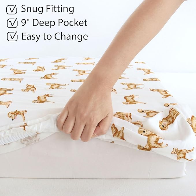 LifeTree Crib Sheets for Baby Unisex - Muslin Fitted Crib Sheets Toddler Bed Sheet, 70% Viscose from Bamboo and 30% Cotton, Fits Standard Crib, Golden Retriever, 28in x 52in