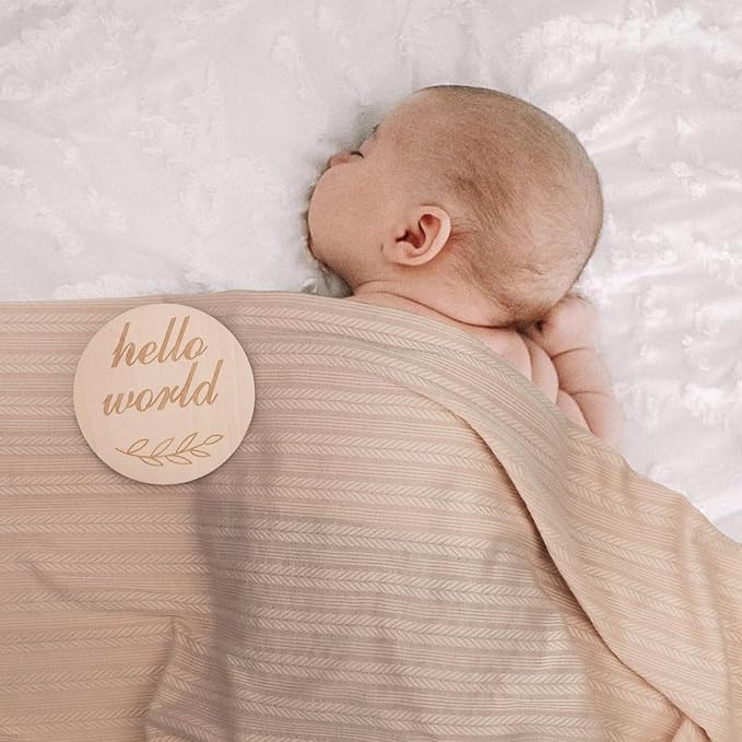 DRESHOW BQUBO Baby Swaddle Blankets for Girls, 4PCS Newborn Accessories Set with Matching Hat and Bow Headband with Hello World Wooden Birth Announcement Card