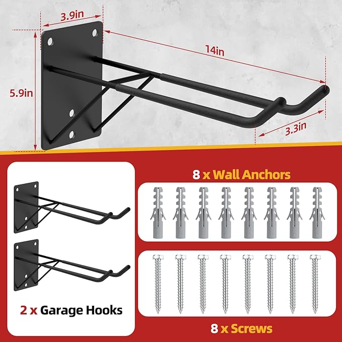14'' Large Garage Hooks with 3 Support Rods, Heavy Duty Steel Garage Storage Wall Hooks for Garden Tool Organizer, Shed Organizer, Ladder Hooks, Car Tires, Chairs 2 Pack