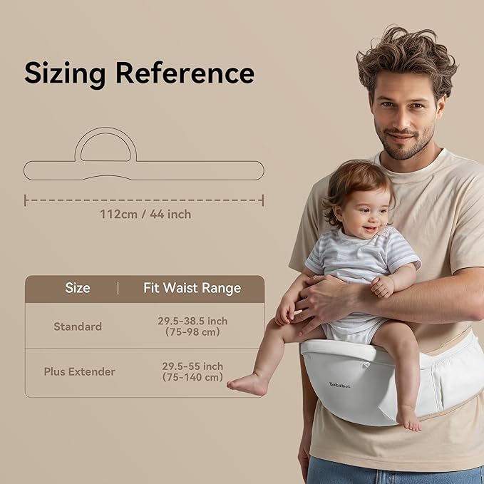 Baby Carrier with Hip Seat, BeBeBus 2-in-1 Ergonomic Newborn to Toddler Carrier up to 44 lbs, Detachable Hands-Free for Infant, All Season Forward-Facing Carry, Fits Waist Sizes up to 38 inch (White)