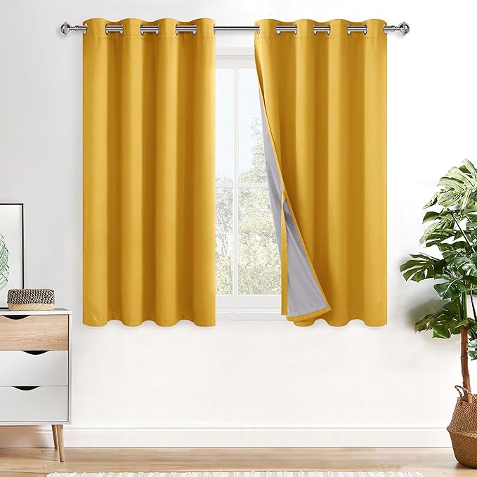 XWZO 100% Blackout Curtains 54 Inches Long with Tiebacks- Soundproof & Energy Efficiency Window Draperies Grommet Top with Black Liner for Bedroom/Living Room, Yellow, W52 x L54, Set of 2
