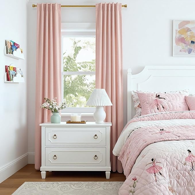 INOVADAY 100% Blackout Curtains for Bedroom, Black Out Curtains 96 Inch Long, Clip Rings Linen Blackout Drapes, Thermal Insulated Room Darkening for Living Room, 2 Panels - Blush Pink,W50xL96