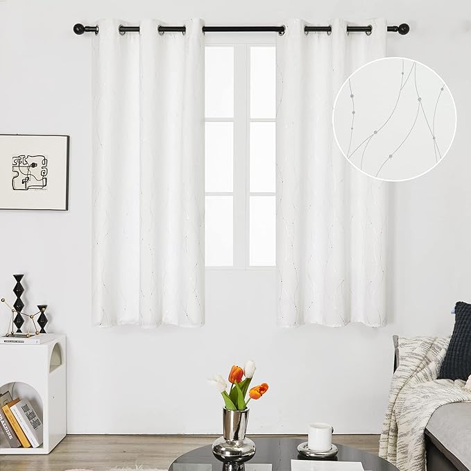 Deconovo White Kitchen Curtains, Room Darkening Curtain, Thermal Insulated Soundproof Drapes, Wave Dots Silver Print, 42 x 45 Inch, Machine Washable Window Panels for Small Windows Nursery, Set of 2