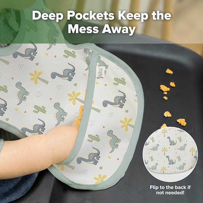 haakaa Waterproof Baby Bibs for Eating, Soft & Lightweight Toddler Bibs with Food Pocket, Easy Wipe Clean, Ages 6–24M, 2 Pack