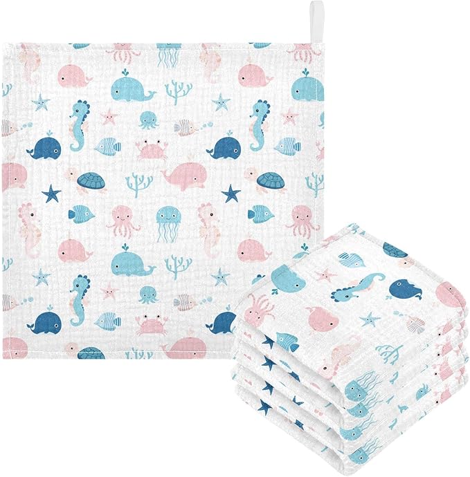 vvfelixl Cute Sea Life Baby Burp Cloths, Baby Muslin Washcloths for Boys Girls, Cotton Baby Face Towel for Newborn Infants Soft and Absorbent 11.8 X 11.8 in, 5 Pack