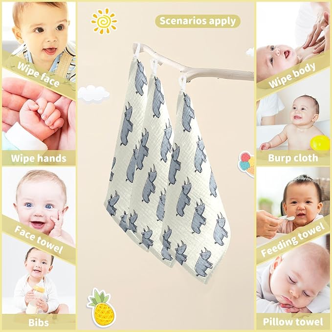 vvfelixl Baby Muslin Washcloths Cartoon Rhino Stick Figure Baby Burp Cloths Cotton Babys Face Towel for Newborn Infants Boys Girls Soft and Absorbent 11.8 X 11.8 in, 3 Pack