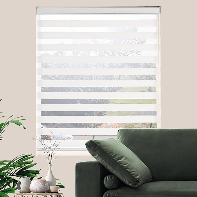 Zebra Blinds for Windows Dual Layer Light Filtering Privacy Free-Stop Sheer Shades Light Control for Indoor Windows Zebra Shades for Living Room(73" W X 72" H, White)