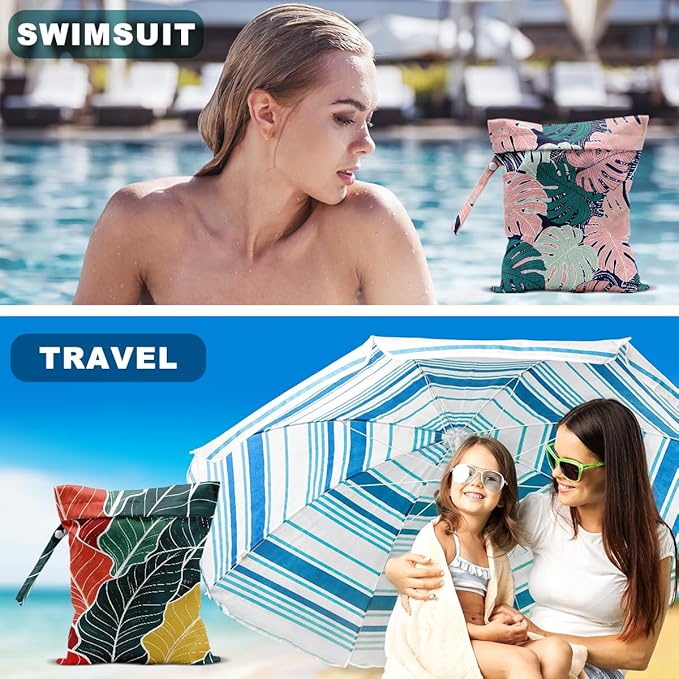 2Pcs Tropical Palm Leaves Print Wet Bags, Wet Dry Bag Reusable Zipper Pouch for Swimsuit, Diapers, Pool, Beach, Dirty Yoga Gym Clothes, Toiletries, Waterproof Birthday Christmas Gifts
