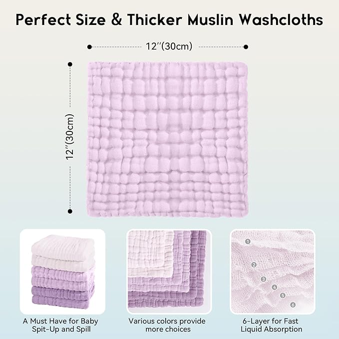 Unnivoll Muslin Baby Washcloths 6 Pack, 100% Cotton Wash Cloths for Babies, Large 12''X12'' Burp Cloths Absorbent and Soft for Newborn Infants Kids Boys Girls - Gradient Purple