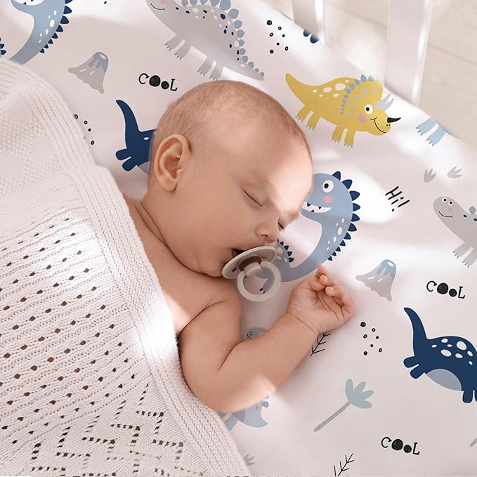 Little Grape Land Waterproof Crib Sheets for Boys Girls, Soft and Breathable Waterproof Baby Crib Sheets 52"x28", Crib Mattress Sheets Neutral for Standard Crib and Toddler Bed Mattress (Dinosaur)