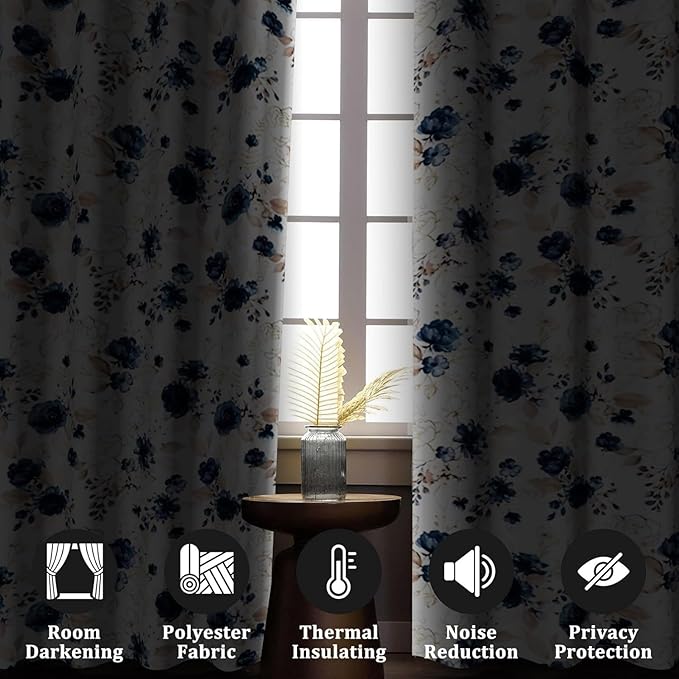 Renaiss Floral Blackout Curtains for Bedroom Pretty Rose Flowers Pattern Curtain & Drapes Thermal Insulated Black Out Curtain for Living Room 53W x 108L inches 2 Panel Set