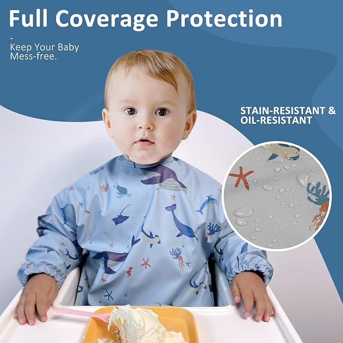 HALAA VAUVA Long Sleeve Baby Bibs for Toddlers, Waterproof, Boys Girls Smock with Food Catcher Pocket for Feeding, Eating