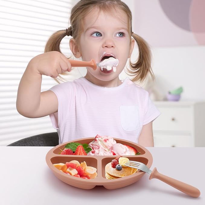 Eascrozn Silicone Baby Feeding Set, 2 Pack Divided Suction Plates for Baby, 2 Pack Spoons and Forks Set Baby Eating Essentials, Feeding Supplies for Toddler Utensils, BPA Free