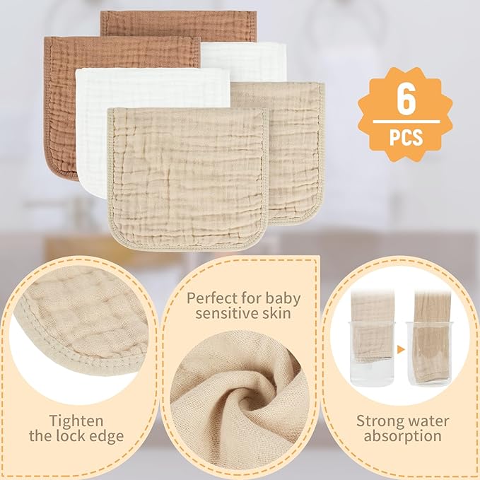 MIGIOL Baby Burp Cloth 100% Cotton Newborn Cotton Muslin Burp Cloth 10x20 inches (White & Coffee 6 Pieces)