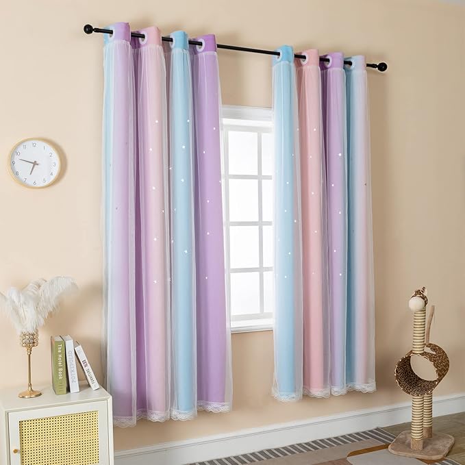 Curtains for Girls Bedroom Purple and Pink Kids Curtain Star Cutout Rainbow Curtain for Girls Room Decor Window Nursery Curtains 63 inches Long Room Darkening Grommet, 2 Panels, W42 x L63