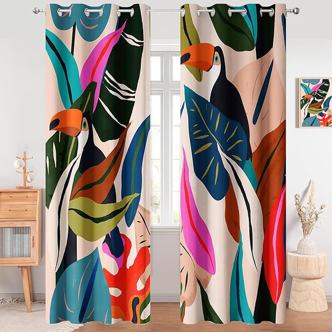Colorful Tropical Blackout Curtains, Abstract Palm Leaf Boho Jungle Toucan Birds Window Drapes, Darkening Grommets for Living Room Bedroom Decor 2 Panels 52"X84" Inches