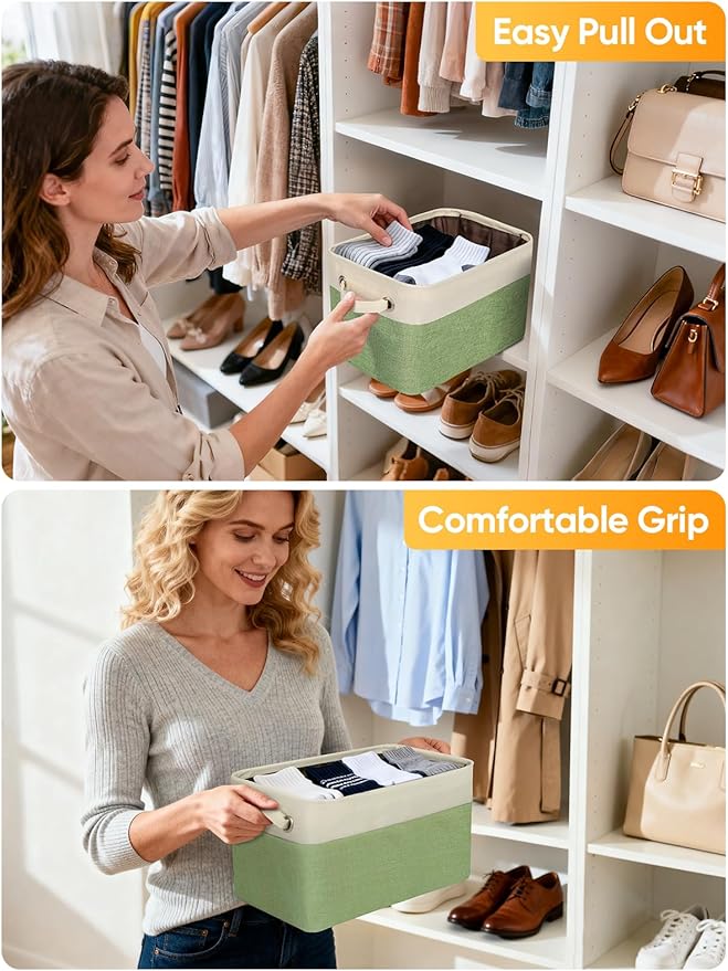 BALEINE 1 Pack Fabric Storage Bins for Shelves, Linen Storage Baskets for Organizing, Decorative Closet Bins for Clothes, Home (Green, 14''x10''x8.5'')