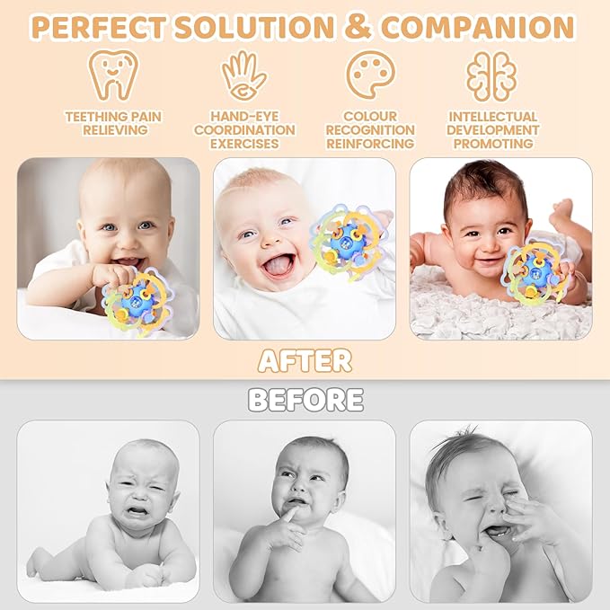 Orzbow Sensory Teething Toys for Babies, Montessori Toys 3-18 Months, Infant Teethers Relief, Silicone Baby Rattle, BPA Free, Blue