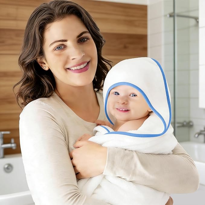 2 Pack Baby Bath Towel - Rayon Made from Bamboo, Ultra Soft Hooded Towels for Kids - X Large Size for 0-7 Yrs (White and Navy Blue, 37.5 x 37.5 Inch)