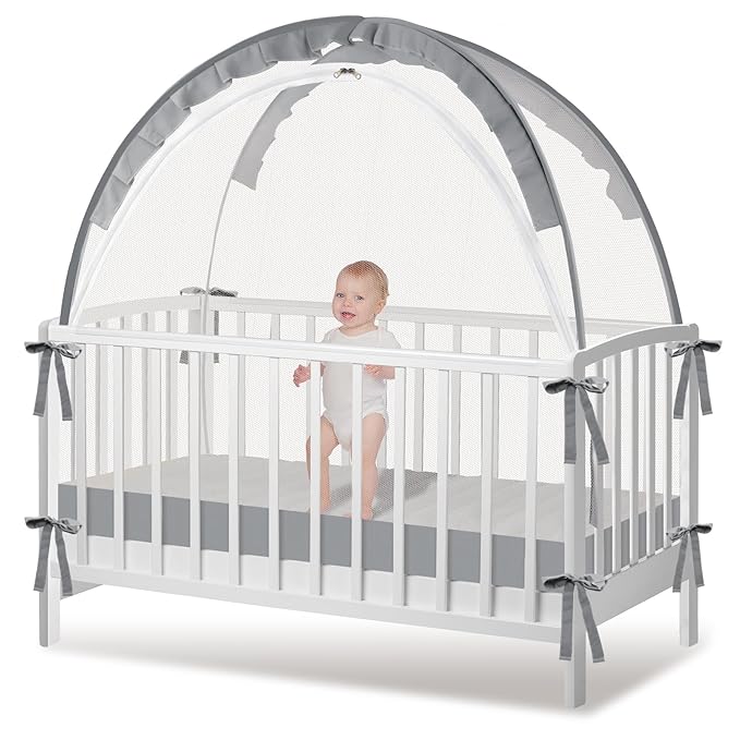 Crib Tent - Crib Net to Keep Baby in, Stop Baby from Climbing Out of Crib, Pop Up Crib Tent with Durable Breathable Net Double Zipper Strong Rods Installation Convenience