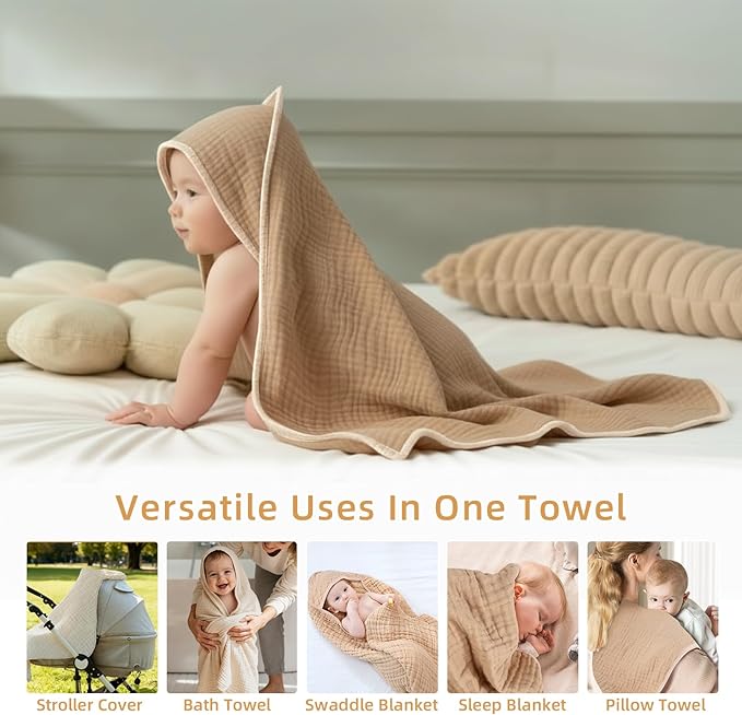 Hooded Baby Bath Towels for Newborn 2 Pack – 6-Layer 100% Muslin Cotton Baby Towels with Hood for Babies, Infants & Toddlers – Large 32x32 Inch Soft Absorbent Unisex Newborn Bath Essentials