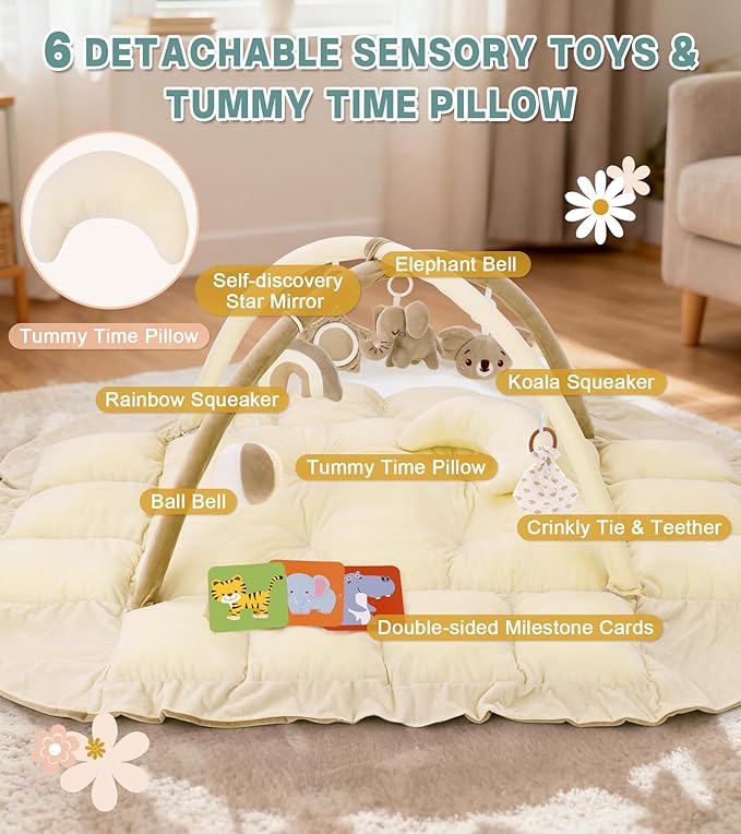 5-in-1 Baby Play Gym and Tummy Time Mat, Tummy Time Pillow & 12 Learning Cards, Plush Activity Mat with 6 Toys, Baby Gym, Convertible to Ball Pit, Cream