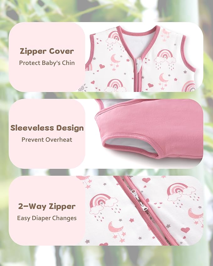 FIEMOL Rayon Made from Bamboo Baby Sleep Sack 0-6 Months, 1.0 Tog Baby Wearable Blanket, Soft Sleeping Bag for Newborn Infant Babies with 2-Way Zipper 2 Pack (Small) Pink Rainbow