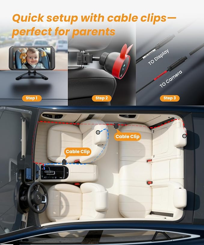 Babyvue BV2 USB Baby Car Camera, 4.5'' HD 1080P USB Rear-Facing Mirror, IR Night Vision, 360° Adjustable, Plug & Play Backup Monitor for Child & Pet Safety