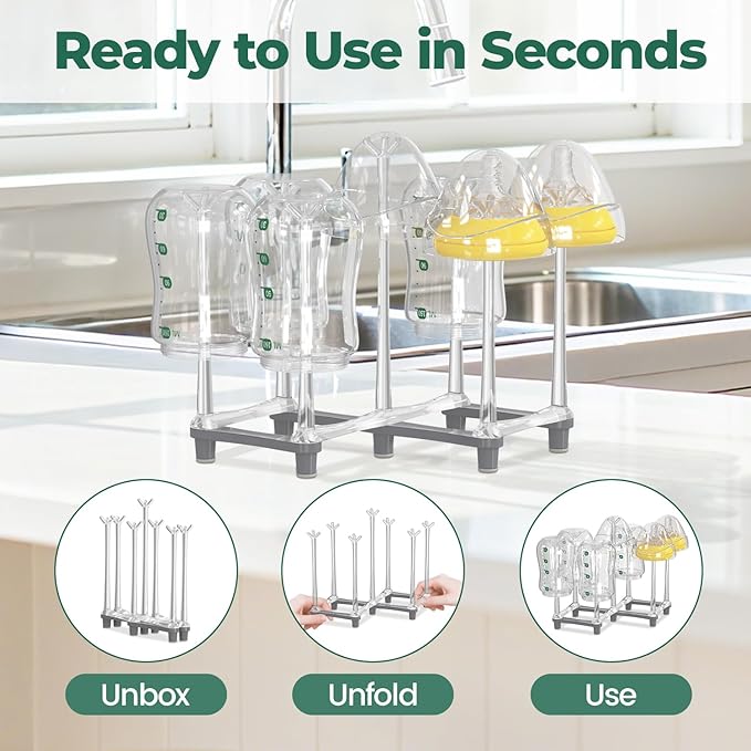EsLuker.ly Baby Bottle Drying Rack Plastic Vertical Dryer Holder, Foldable Space Saving for 12 Milk Glass Bottle Countertop, Drain Stand Shelf for New Parents