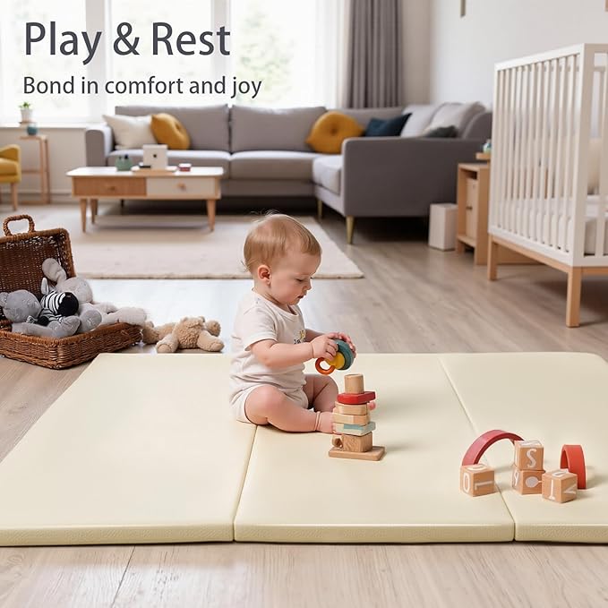 Foam Baby Play Mat: PU Leather Waterproof Kids Trifold Floor Playmat - Large Play Mat for Playpen Fodable Mattress Soft Toddler Mattress Infant Cushion for Preschool