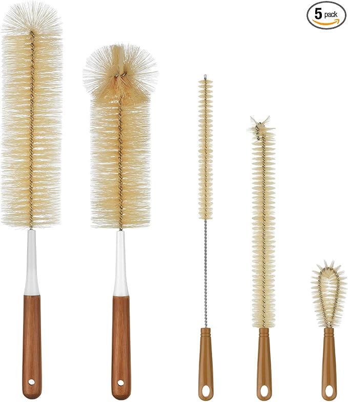 ALINK 5-Pack Bottle Brush Cleaner - Extra Long Bamboo Handle Water Bottle Straw Cleaning Brush for Washing Narrow Neck Beer Wine Decanter, Sports Bottle, Thermos, Flask, Jug