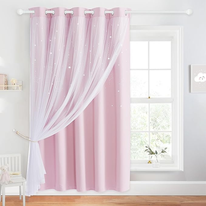 NICETOWN Bedroom Curtains 84 inches Long - Double Layered Ombre Moon Star BlackoutCurtain Panel with White Sheer Overlay, Nursery Curtains for Kids Room Decor, 70" Wide, Pink, 1 Piece