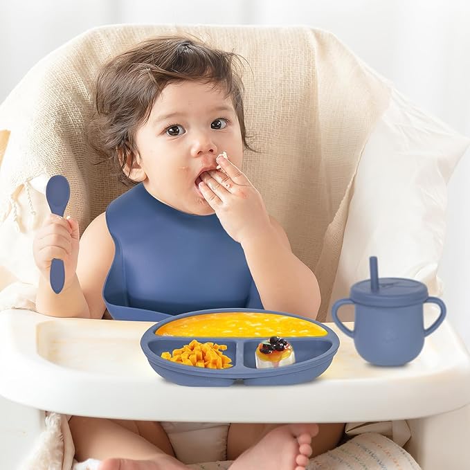 Dormlony 100% Silicone Baby Feeding Set, BPA Free Baby Dishes with Suction Bowl, Divided Plate, Toddler Self Feeding Dish Set with Spoons, Forks, Sippy Cup and Bib, Baby Eating Utensils (Navy Blue)