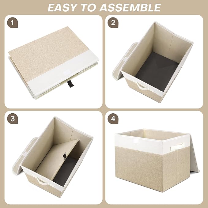 Large 17" 42 Quarts Collapsible Stackable Storage Bins with Lids [3-Pack] Foldable Fabric Linen Storage Boxes Cube, Closet Organizer Baskets with Label (16.7 x 12 x 12, Beige & White)
