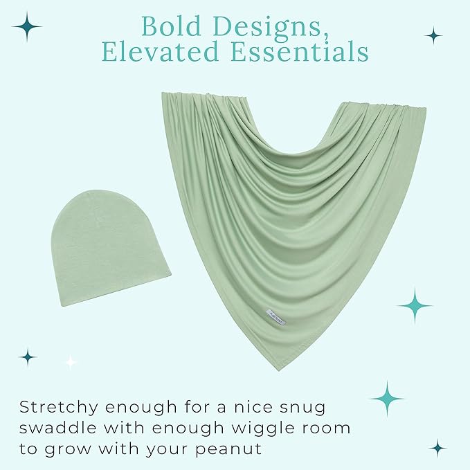 Posh Peanut Baby Swaddle Blanket & Beanie - Matching Newborn Swaddle Set, Doubles As Receiving Blanket or Nursing Cover (Sage)