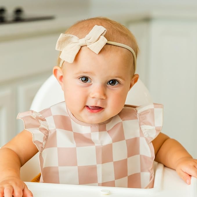Tiny Twinkle Mess-Proof Baby Bibs for Eating | Waterproof, Wipeable Toddler Bibs with Catch-All Pocket | Feeding Bibs for Girls & Boys(3 Pack,Checkers Girl)