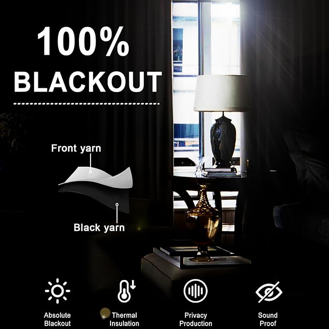 XWZO 100% Blackout Curtain Panels - Rod Pocket & Back Tab Thermal Insulated Black Liner Curtains, Noise Reducing and Heat Blocking Drapes for Hall and Studio with Tiebacks, Ivory, W52 x L95, Set of 2
