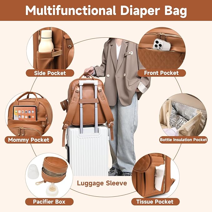 Leather Baby Diaper Bags with Changing Station,Extra large Capacity Baby Diaper Bag Backpack,Waterproof Baby Essentials(Brown)