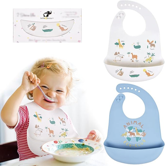 BEBE FAVOUR 2 Pack Silicone Baby Bibs Adjustable Fit Waterproof Bib With Leak Proof Food Pouch Catcher for Eating Boys Girls
