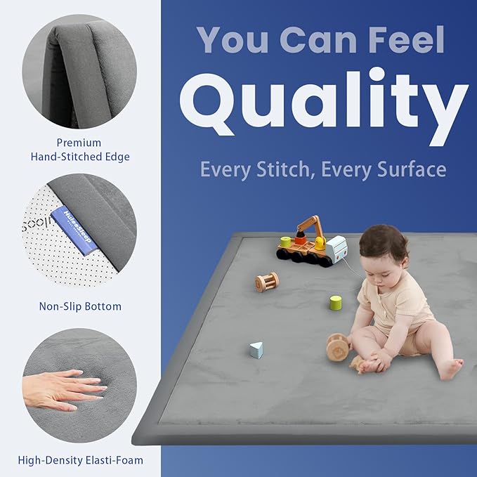 Baby Play Mat for Floor,1.3" Thick Memory foam Tummy Time Mat,Soft Coral Velvet Nursery Rug,Extra Large Non Slip Crawling Mats for Toddlers,Infants,kids,Yoga Mats & Tatami Style for Living Room(Dark Gray)