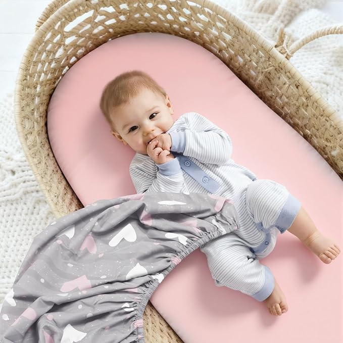 3 Pack Stretchy Bassinet Sheets - Universal Fit for Rectangle, Round, Oval, Hourglass Cradles & Moses Baskets - Soft Breathable Fitted Bassinet Sheets Set for Baby - Pink & Grey Heart