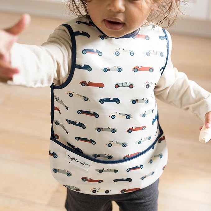 Tiny Twinkle Mess Proof Baby Bib for Girls | Waterproof Toddler Bib for Eating | Baby Apron for Feeding | Machine Washable | Perfect Shower Gift (Vintage Cars, 6–24M)