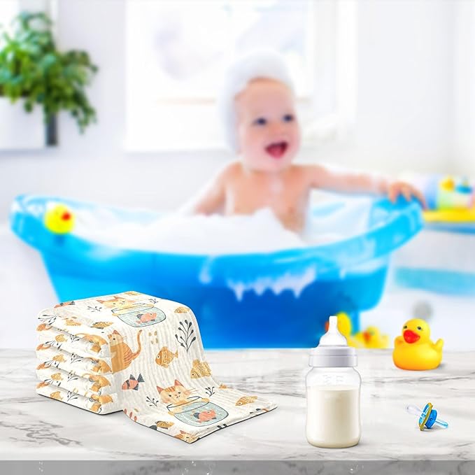 vvfelixl Baby Muslin Washcloths Cat Watch Fish Tank Baby Burp Cloths Cotton Babys Face Towel for Newborn Infants Boys Girls Soft and Absorbent 11.8 X 11.8 in, 3 Pack