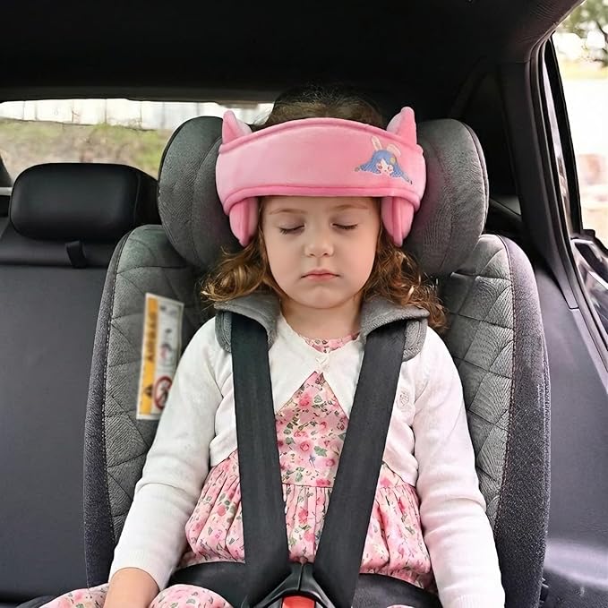 Child Car Seat Head Support Band - Baby Head Neck Relief Safety Headrest - Adjustable Toddler Carseat Head Holder Head Strap - Baby & Kids Travel Accessories with Cute Cartton Pattern, Pink
